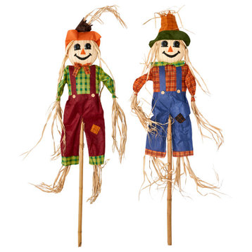 60" Scarecrow With Straw Face On Pole, Set of 2