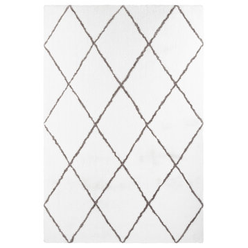 Diamond Shag Area Rug- Plush Gray and Ivory Pattern Carpet- Modern Design, Gray & Ivory