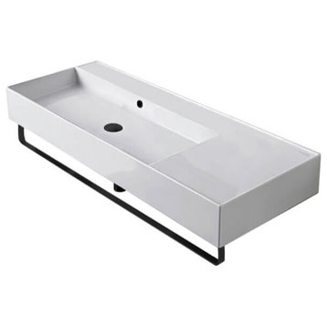 Rectangular Ceramic Wall Mounted Sink, Matte Black Towel Bar Included, No Hole