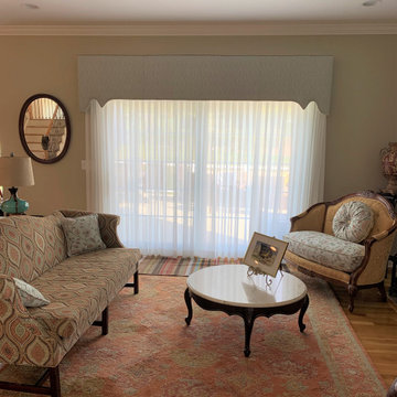 Custom Shaped Cornice over Sheers, Custom Throw Pillows