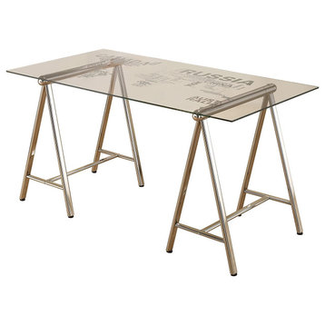 Unique Desk, Brushed Nickel Metal Legs With World Map Printed Clear Glass Top