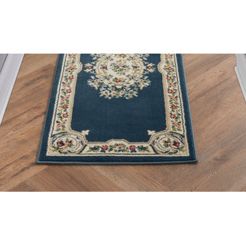 Nourison Aubusson French Country Floral Area Rug, Navy, 2'2"x7'6" Runner