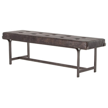 Arion Black Leather Industrial Bench - Black Leather with Iron Legs