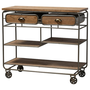 Bouck Rustic Industrial Oak Brown Wood and Black Metal 2-Drawer Kitchen Cart