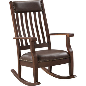 Benzara BM250176 Rocking Chair With Leatherette Seat and Slatted Back, Brown