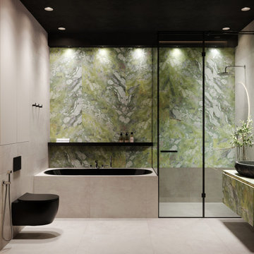 El baño perfecto con un techo negro y un lavabo de piedra