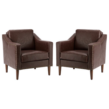 Vegan Leather Armchair With Sloped Arms Set of 2, Brown