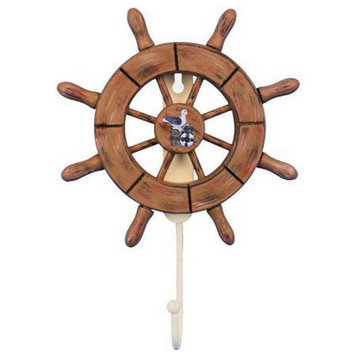 Rustic Wood Finish Decorative Ship Wheel with Seagull and Hook 8' - Nautical