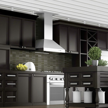 A black kitchen featuring a ZLINE 697 Stainless Steel Wall Range Hood