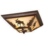 Vaxcel - Yellowstone 14" Moose Flush Mount Ceiling Light Burnished Bronze - Evoking the spirit of the wilderness, this rustic themed light is clad in a burnished bronze finish and features silhouetted tree and moose imagery atop glowing white tiffany style glass. It is a great choice for a vacation lodge, cabin or suburban home and will complement a variety of home styles: anywhere you want to bring an element of nature. This outdoor ceiling light is ideal for your porch, entryway, or any other area of your home.