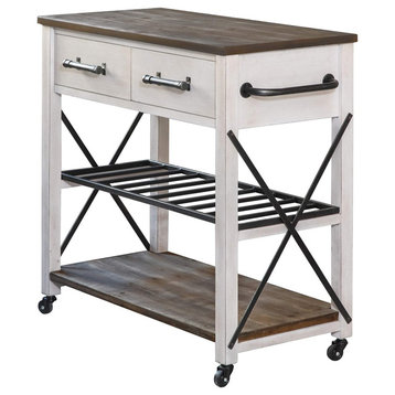 Farmhouse Kitchen Cart, X-Side Accents With Slatted Shelf & Drawers, Aged White