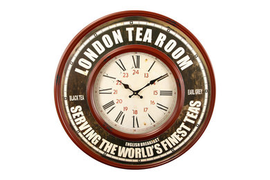 Adeco Red and Brown Retro Iron Wall Clock "London Tea Room"