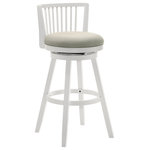 Armen Living - Harper 30" Matte White Wood Swivel Barstool, Fog Fabric, Set of 3 - The Harper Barstool Collection strikes the perfect balance between modern flair and everyday comfort, making it a stylish and practical choice for your home. Available in both counter and bar heights, each stool features a gently rounded cushion upholstered in soft, easy-care fabric, offered in a refined ivory or versatile fog tone. The seat pairs beautifully with your choice of a warm Amber Glow wood finish or a crisp matte white, blending seamlessly into a wide range of interiors.