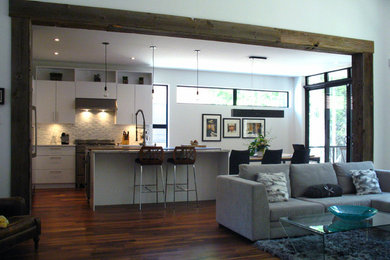 Kitchen/dining room combo - mid-sized contemporary dark wood floor kitchen/dining room combo idea in Montreal with white walls and a standard fireplace