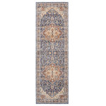 Nourison - Nourison Reseda Area Rug, Blue, 2'3"x7'6" Runner - Gorgeous shades of navy, crimson and cream light up a show-stopping bordered medallion and botanical design to slip easily and elegantly into any setting. Created from an extra-glossy, velvety and robust polyester blend, this Reseda area rug from Nourison is expertly designed to look as fabulous as it feels while withstanding even heavy wear.