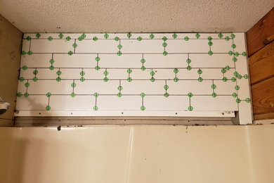 Inspiration for a small rustic master white tile and ceramic tile bathroom remodel in Boston with beige walls