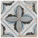 Merola Tile - Kings Root Pinnate Ceramic Floor and Wall Tile - Imported from Spain, our Kings Roots Pinnate Ceramic Floor and Wall Tile radiates old-world European elegance. This encaustic-inspired tile features a unique, low-sheen glaze in faded charcoal black, antique white and blue tones with floral and geometric motifs in each square. To commemorate 50 years of production, interior architect and furniture designer, Francisco Segarra, designed this collection to pay tribute to the manufacturing facility that brought his ideas to life. Each of his designs are inspired by the ceramics of the time, bringing a sense of timeless warmth and comfort into spaces. Realistic imitations of scuffs and spots that are the marks of well-loved, worn, century-old tile bring rustic charm to any interior setting. These rustic scuffs and spots convince that this tile is truly aged. Available in 9 print variations that are randomly scattered throughout each case, the variation throughout each tile mimics an authentic aged appearance. Save time and labor spent arranging smaller square tiles and instead install these durable ceramic slabs, which have four squares separated by scored grout lines. It’s durable and glazed features make this tile an ideal choice for indoor commercial and residential use, including kitchen, bathrooms, backsplashes, showers and entryways. Tile is the better choice for your space. This tile is made from natural ingredients, making it a healthy choice as it is free from allergens, VOCs, formaldehyde and PVC.