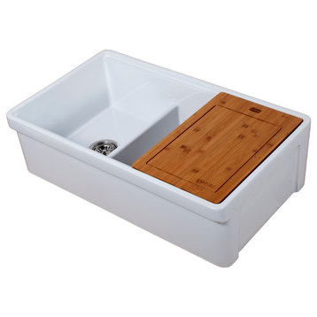 Tosca Reversible Farmhouse 60/40 Double Sink, Cutting-Board, Grid, Strainer, 33"