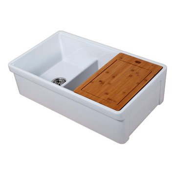 Tosca Reversible Farmhouse 60/40 Double Sink, Cutting-Board, Grid, Strainer, 33"