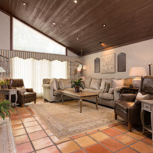 Idee per un soggiorno mediterraneo di medie dimensioni e aperto con pareti multicolore, pavimento in terracotta, camino classico, cornice del camino in pietra, parete attrezzata e pavimento multicolore