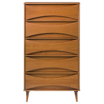 Retro Modern Vertical Dresser, 5 Spacious Drawers With Curved Details, Caramel