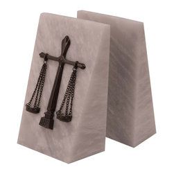 White Marble Bookends with Antique Silver Plated Legal Emblem - Bookends
