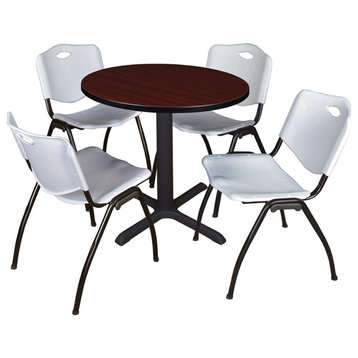 Cain 30" Round Breakroom Table- Mahogany & 4 'M' Stack Chairs- Grey