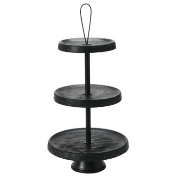 Elegant Modern 3-Tiered Tray Cake Stand, Black Mango Wood, Large