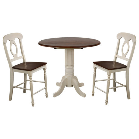 3-Piece 42" Round Pub Table Set, Antique White/Chestnut Brown, Napoleon Stools