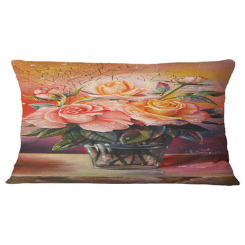Roses On Marble Table Floral Throw Pillow, 12"x20"