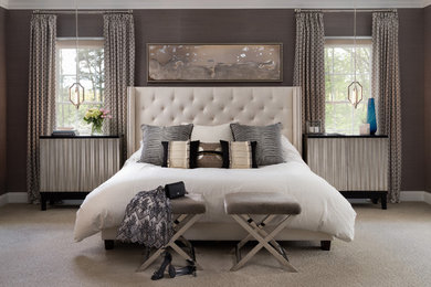 Inspiration for a large contemporary master carpeted and gray floor bedroom remodel in DC Metro with brown walls, a corner fireplace and a stone fireplace