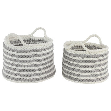 Large Round Striped Gray Mesh and White Cotton Rope Storage Baskets, 2-Piece Set