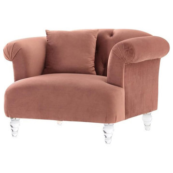 Contemporary Accent Chair, Acrylic Legs and Velvet Seat With Rolled Arms, Blush