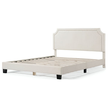 Miles White Boucle Upholstered Wood Frame Platform Bed, Queen, Naihead Trim