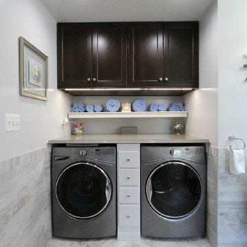 Master Bathroom with dressing table, washer and dryer.