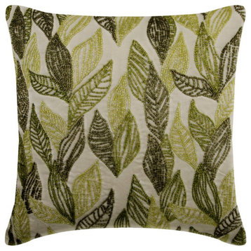 Handmade 16"x16" Beaded Green Linen Cushion Cover - Going Tropical