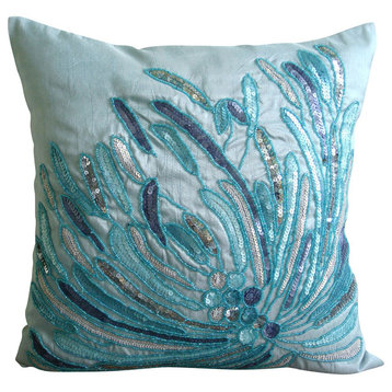 Blue Aqua Sequins And Beaded 12"x12" Silk Pillows Cover, Water Burst