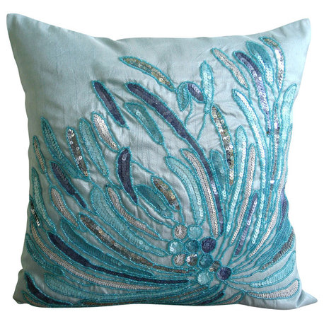 Blue Art Silk 26"x26" Aqua Sequins And Beaded Euro Pillow Shams, Water Burst