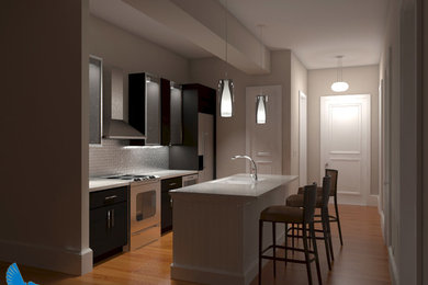 Mid-sized trendy single-wall medium tone wood floor kitchen pantry photo in Cincinnati with an undermount sink, flat-panel cabinets, dark wood cabinets, quartz countertops, gray backsplash, ceramic backsplash, stainless steel appliances and an island
