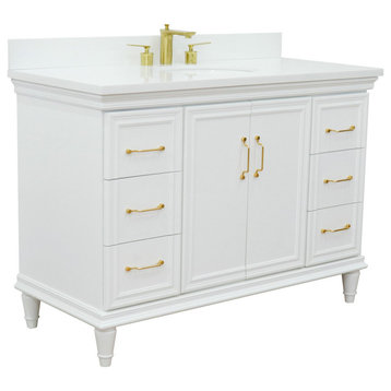 49" Single Sink Vanity, White Finish With White Quartz and Oval Sink