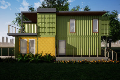 Modelo de fachada de casa verde y gris industrial grande de dos plantas con revestimiento de metal y tejado plano