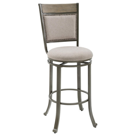 Linon Franklin Swivel Upholstered Barstool Nailhead Trim Steel Frame in Pewter