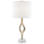 Currey & Company - 32" Elyx Table Lamp in Chinois Silver Leaf - The Elyx Table Lamp may read like it's made of metal but the real twist to this design is that it is made of composite. Enhancing the lightness of the silver leaf finish is an acrylic base. An off-white shantung shade tops this silver table lamp to wash it with light.  This light requires 1 , 150W Watt Bulbs (Not Included) UL Certified.
