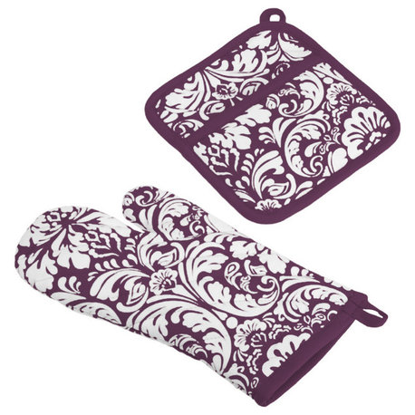 DII Eggplant Damask Oven Mitt/Potholder Set