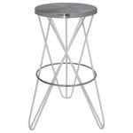 Meridian Furniture - Mercury Iron / Powder Coated Stool, Brushed Silver/White, Bar Height - Streamline your home bar or counter area with this Mercury bar stool. It's bar height design makes it an easy fit with your kitchen counter or your home bar, and it's made from metal for amazing durability and resilience. The stool's brushed silver iron and white powder-coated finish add a beautifully coordinating finish to this contemporary piece.