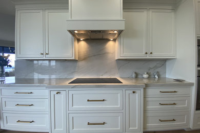 Elegant galley eat-in kitchen photo in Tampa with white cabinets and beige countertops