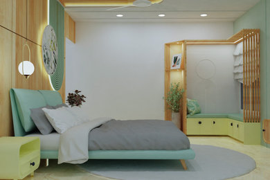 Foto de dormitorio principal contemporáneo de tamaño medio con madera y panelado