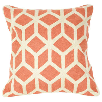 Hand-Embroidered Jaipur Coral Geometric Pillow, Cover Only