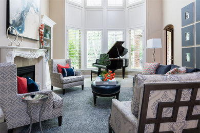 Living room - large transitional formal medium tone wood floor living room idea in Dallas with beige walls, no tv, a ribbon fireplace and a tile fireplace