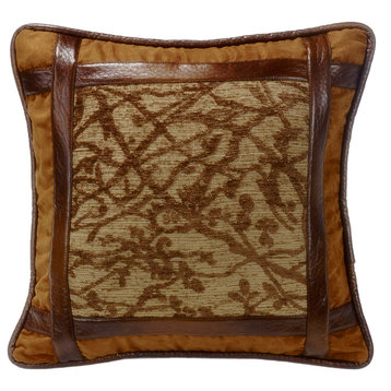 Framed Tree Pillow With Faux Leather Detail, 18x18